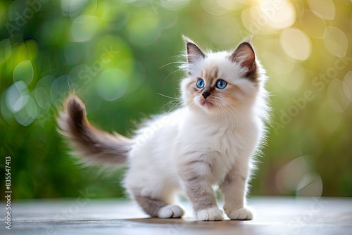 Cute little Ragdoll kitten standing on blurred background photo