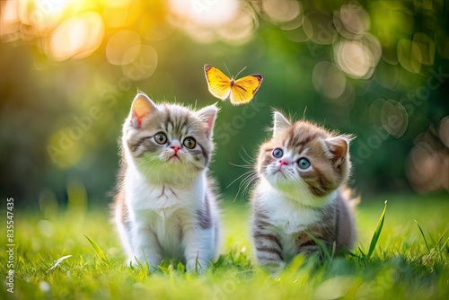 2 cute little Exotic Shorthair kittens playing with butterflies on natural blurred background.