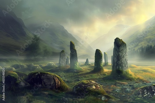 mystical scottish highlands landscape with misty mountains and ancient stone circle timeless beauty and magic atmospheric digital painting photo