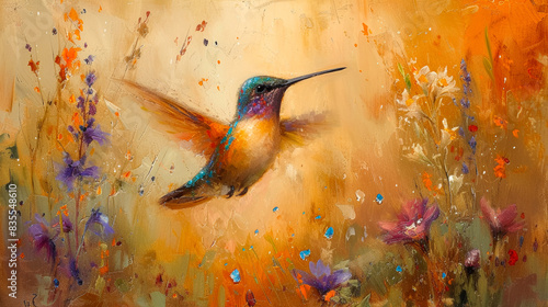 The enchanting hummingbird, adorned with delicate jewels, hovers amidst tropical blooms. photo