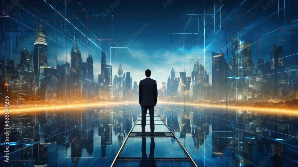 Business man on future network city, copy space, generative ai Business man on future network city, copy space, generative ai