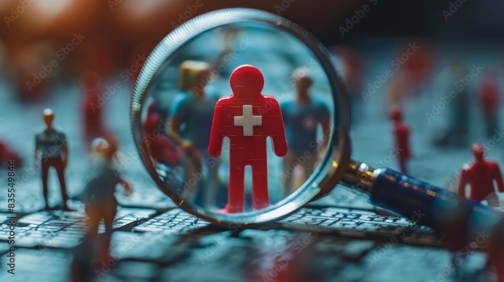 Figurine with cross symbol highlighted under a magnifying glass among other figures