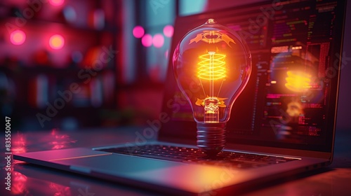 A conceptual image featuring a light bulb glowing above a laptop, indicating innovation in tech photo