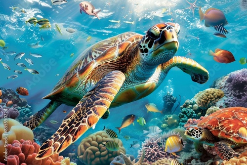 Vibrant underwater scene with diverse marine life and graceful turtle exploring the depths