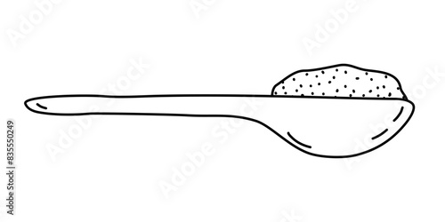 Wooden spoon full with sugar or salt, doodle style flat vector outline for coloring book