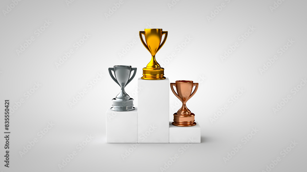 Gold, silver, and bronze, first, second, and third place trophies on ...