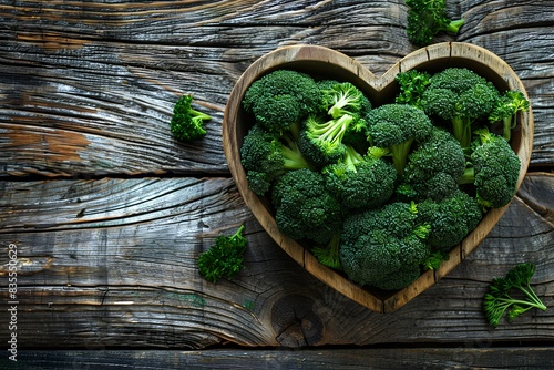 A wooden heart shaped bowl filled with broccoli photo