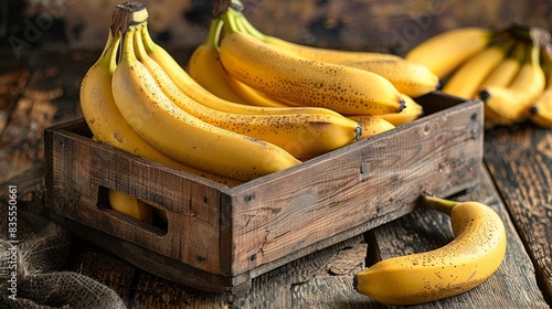 A rustic wooden crate overflows with ripe bananas, one falling to the burlap-covered table photo