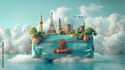 A dreamy conceptual image of a suitcase island floating with famous world landmarks