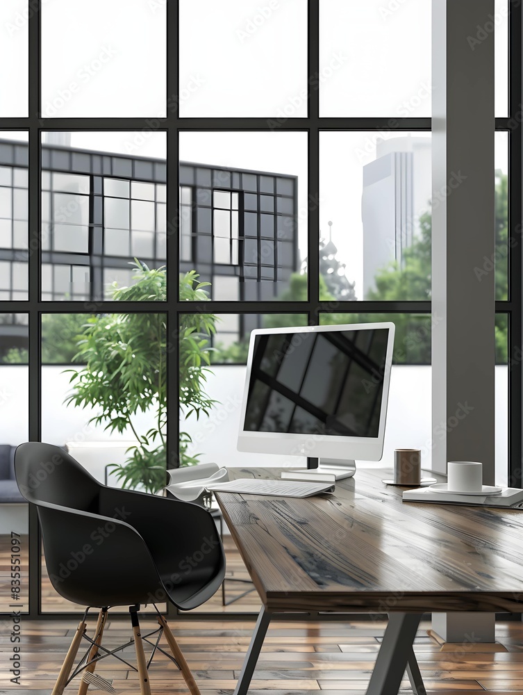 Fototapeta premium Office coworking interior with pc computer on table with mockup display, window
