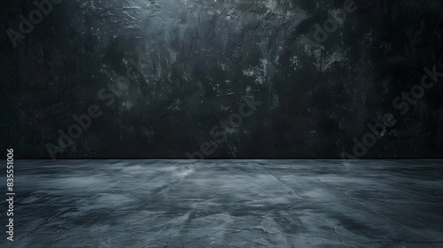 Photo studio with black backdrop  professional lighting  Concrete flooring. Dark atmosphere photography concept.