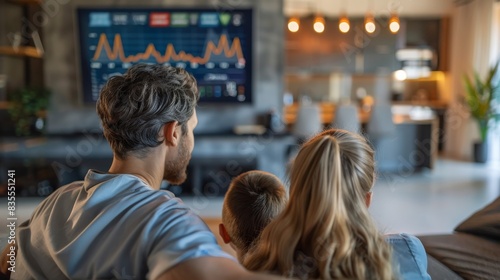 Family Watching TV with Real-Time Stock Market Graphs at Home