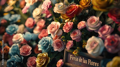 Blooming festivity: feria de las flores highlighted amidst a riot of colorful blossoms, text harmoniously blending with the floral landscape, joy and splendor. photo
