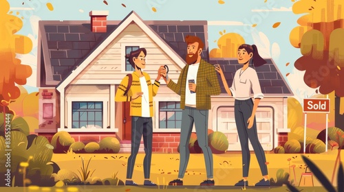 Illustration of Real Estate Agent and Young Couple in Front of House, Flat Design