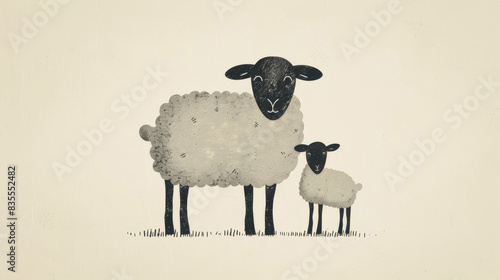 Illustration of Cute Black Sheep Family in Minimalistic Hand-Drawn Doodle Art Style