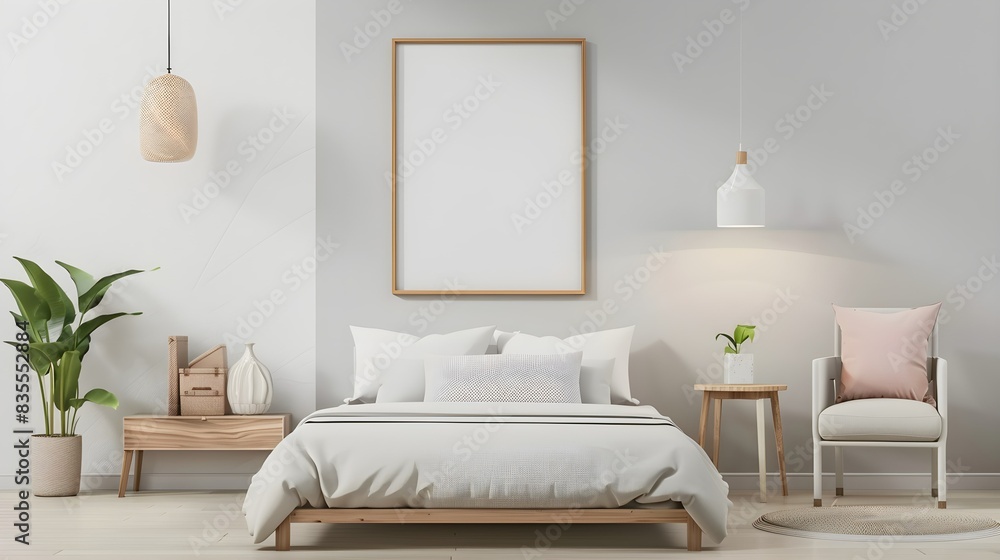 A modern bedroom interior with a blank poster frame on the wall, stylish furniture, and decorative lighting, on a light background. 3D Rendering