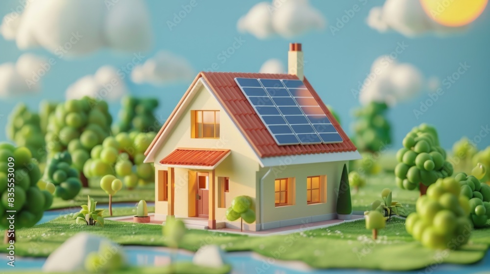 energy-efficient house. solar rooftop cartoon 3D