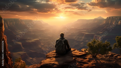 A solo traveler meditating on a cliff overlooking the Grand Canyon, finding peace and reflection 