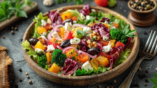 A beautifully presented garden salad with mixed vegetables, nuts, and feta in a wooden bowl