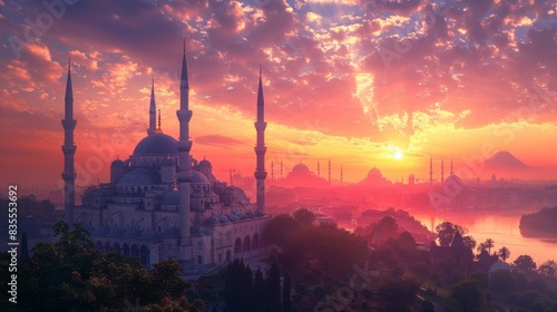 Sunset Behind Majestic Mosque with Soaring Minarets and Pink Sky