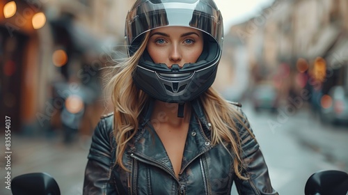 A confident woman wearing a full-face motorcycle helmet is ready to ride on a bustling urban street photo
