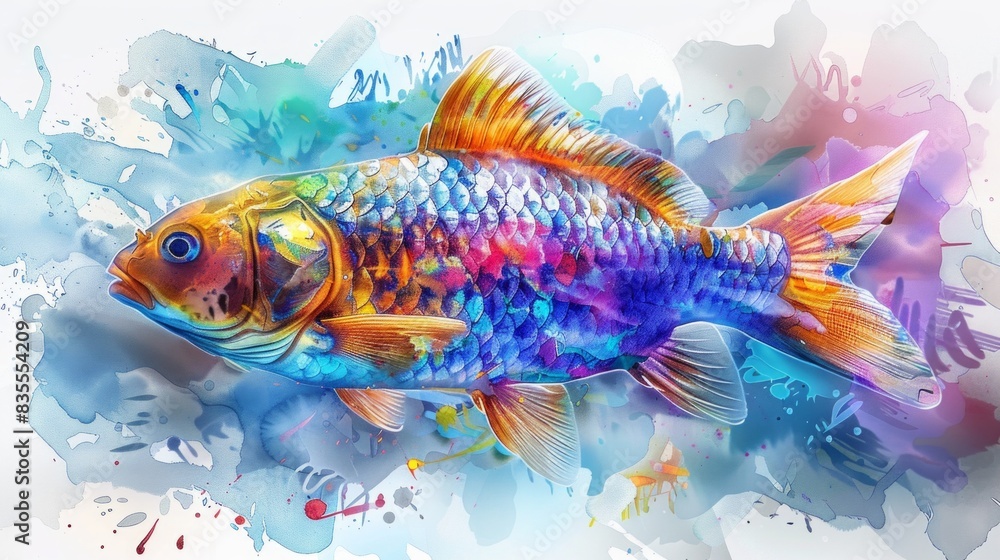 Fototapeta premium water color exotic surreal fish with vibrant detailed scales isolated on white background