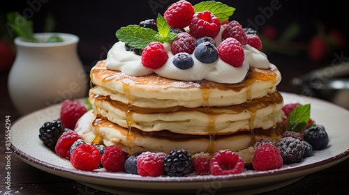A stack of fluffy pancakes topped with a dollop of whipped cream and fresh berries  
