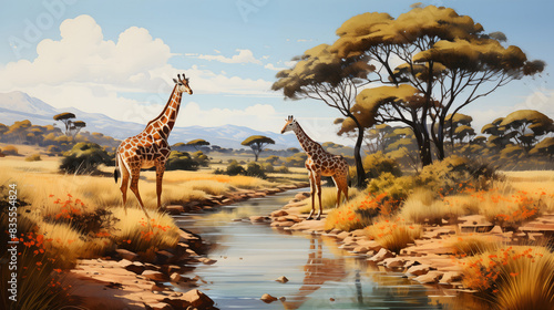 Watercolor painting landscape on an African tropical jungle with trees next to a river with giraffes and birds, in coordinating colors (ID: 835554824)
