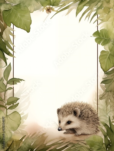 wallpaper frame leaves tropical forest Hedgehog and  drawing vintage background	 (ID: 835554897)