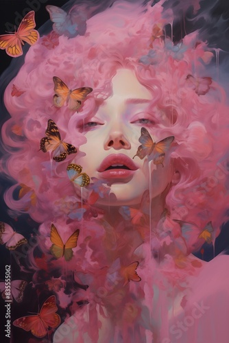 abstract painting, portrait of a dreamy girl surrounded by a cloud of butterflies with a rainbow and pink balloon, used as a wall painting (ID: 835555062)