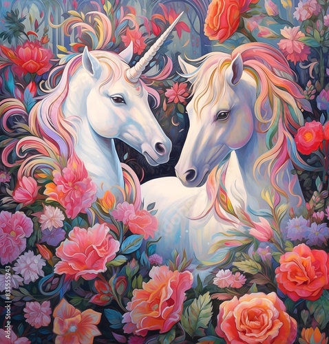unicorn in the forest surrounded by flowers, roses and plants in an enchanting atmosphere (ID: 835555243)