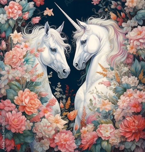unicorn in the forest surrounded by flowers, roses and plants in an enchanting atmosphere (ID: 835555253)
