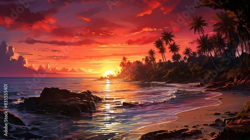 A stunning sunset over a tropical island  with lush palm trees  pristine sandy beaches  and the sun setting in a burst of colors over the turquoise sea.  