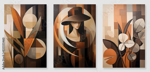 painting of plant leaves with a girl in a hat in earth colors, simple abstract with touches of pale oil colors. (ID: 835555460)