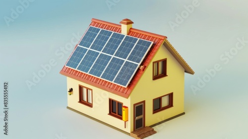 Cartoon house with solar panels on the roof © saritwat