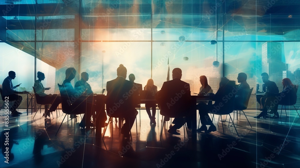 Silhouette of business people work together in office. Concept of teamwork and partnership. double exposure with network effects, generative ai Silhouette of business people work together in office. Concept of teamwork and partnership. double exposure with network effects, generative ai