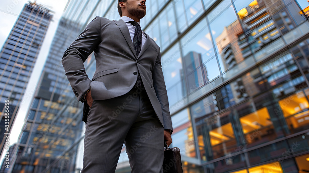 Handsome confident businessman in suit standing outstand modern office building made of glass Handsome confident businessman in suit standing outstand modern office building made of glass