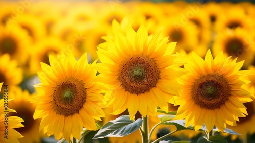 A sunflower field in full bloom under a clear blue sky 