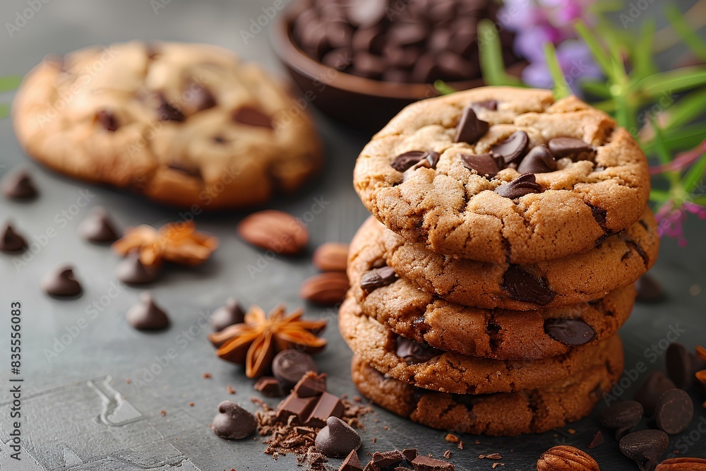 A stack of chocolate chip cookies sitting on top of a table A stack of chocolate chip cookies sitting on top of a table