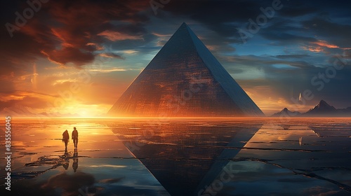 A surreal desert scene with giant floating pyramids and endless dunes 