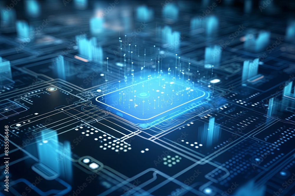 Obraz premium Cloud Computing Concept Visualization: Servers and Data Units Interconnected in a Digital Landscape