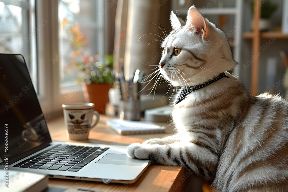 Cat businessman with black and white tie on modern office desk with laptop, sunlight streaming through a window. Neutral-colored office space with minimalistic decor, a coffee cup, and a notepad Cat businessman with black and white tie on modern office desk with laptop, sunlight streaming through a window. Neutral-colored office space with minimalistic decor, a coffee cup, and a notepad