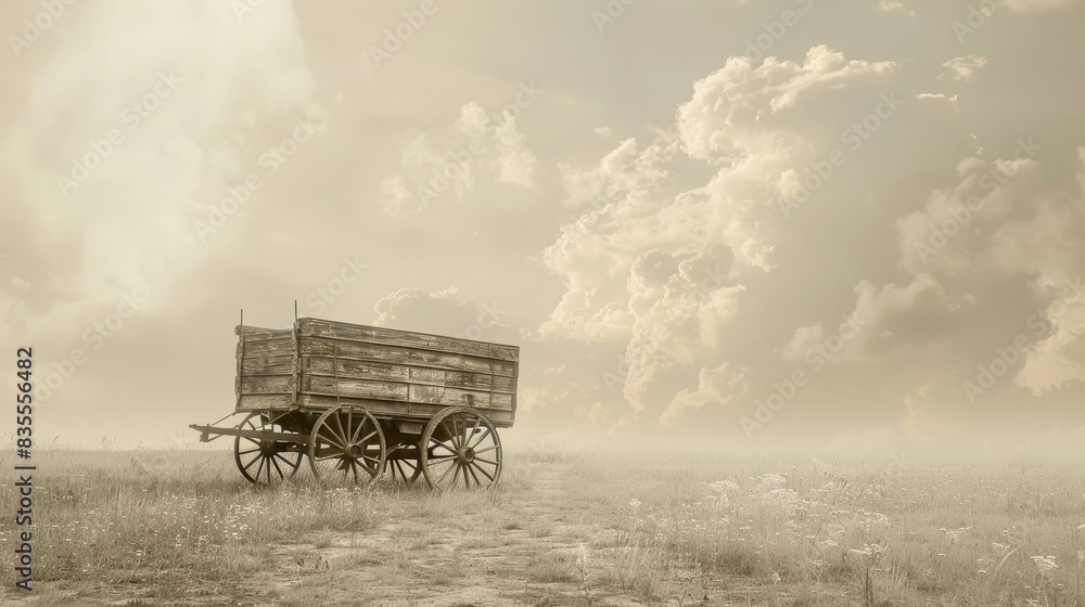 Fototapeta premium A lone, weathered wagon stands in a dusty field, with a dramatic sky filled with clouds above.