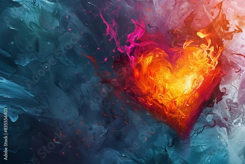 radiant heart ablaze with passion amidst icy depths abstract digital painting photo