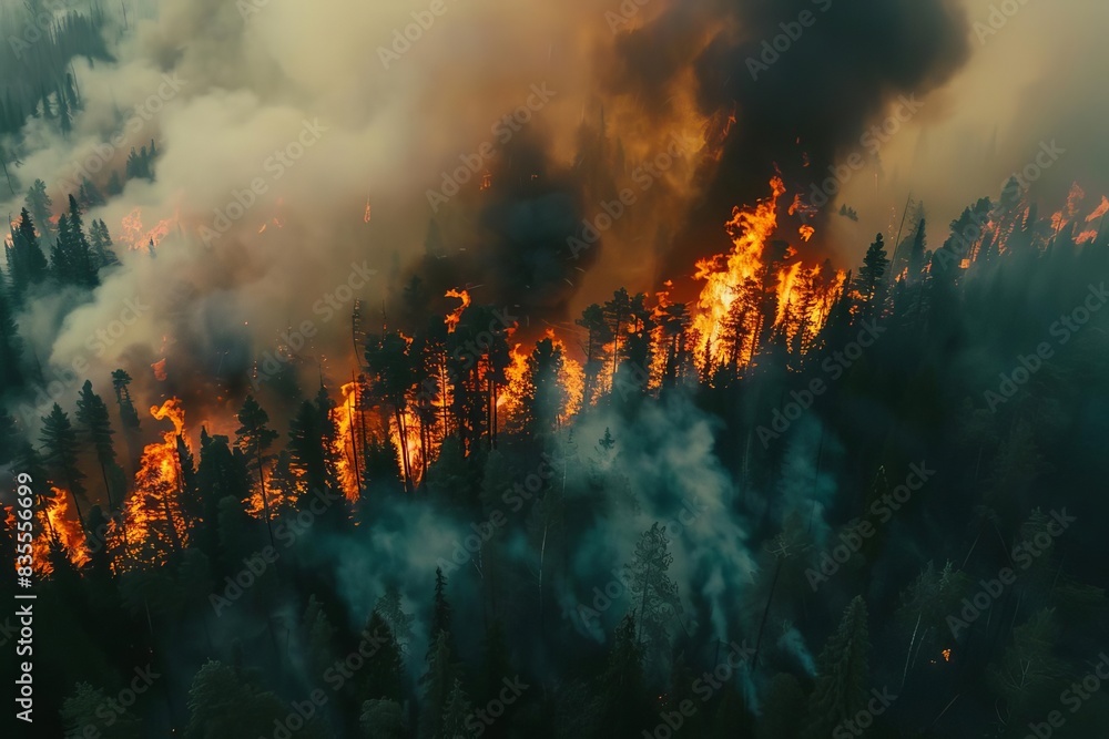 raging forest fire consumes woodland catastrophic natural disaster climate change impact