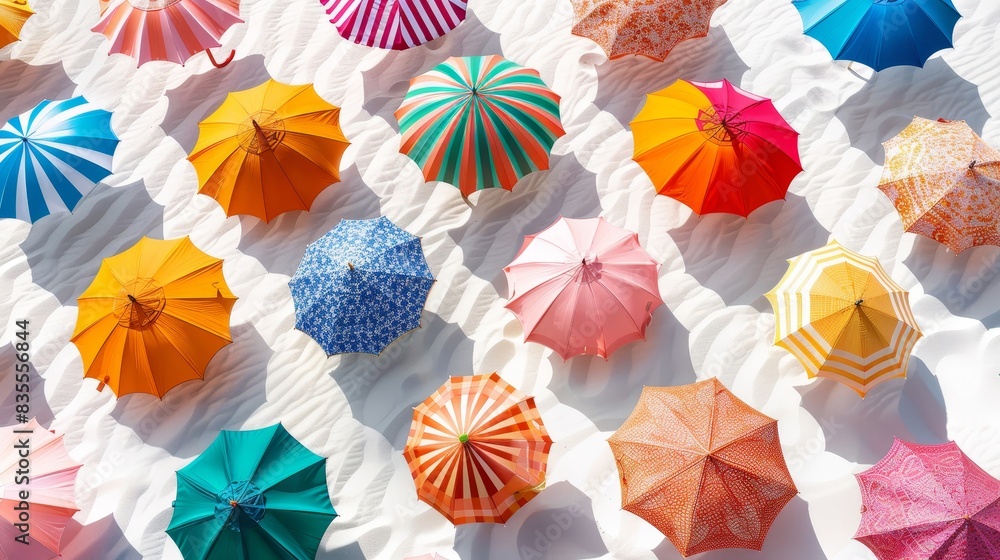 Colorful beach umbrellas viewed from above on a white sandy beach. Colorful beach umbrellas viewed from above on a white sandy beach.