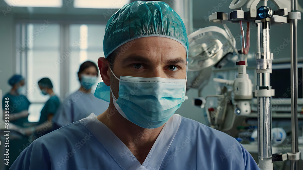 A confident surgeon in full scrubs, including a surgical mask and cap, standing in a brightly lit operating room, ready for surgery with medical equipment in the background A confident surgeon in full scrubs, including a surgical mask and cap, standing in a brightly lit operating room, ready for surgery with medical equipment in the background