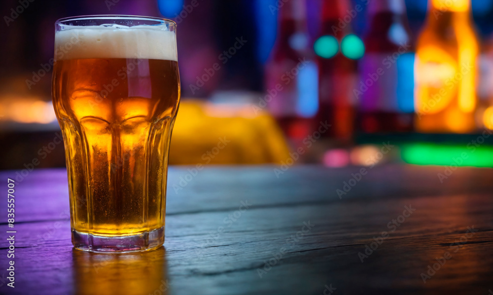 Glass of Beer on Bar Counter. A full glass of beer sits on a wooden bar counter