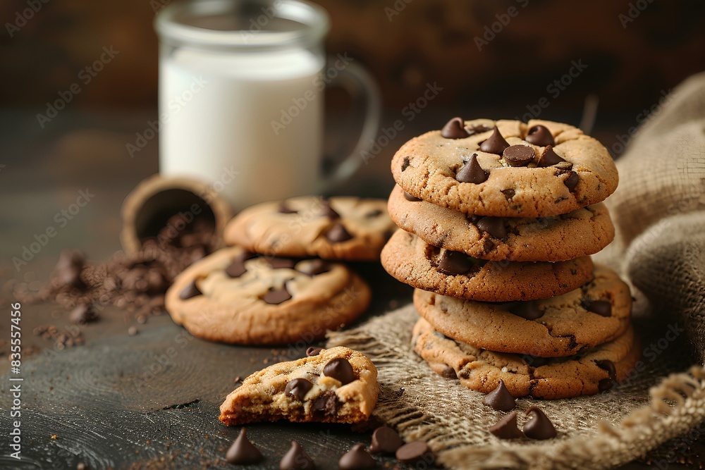 A stack of chocolate chip cookies next to a glass of milk A stack of chocolate chip cookies next to a glass of milk