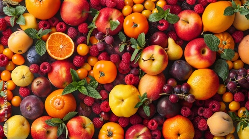 topview of a colorful mix of fruits and herbs